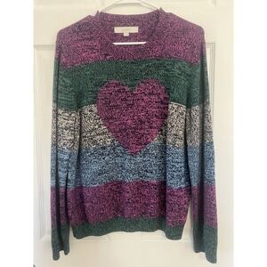 Loft Heart Stripe Colorful Long Sleeve Crewneck Soft‎ Knit Sweater Runs Small XL